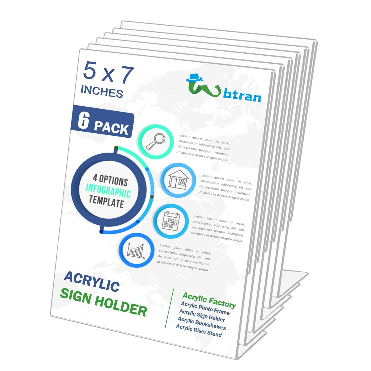 Wbtran Slanted Back Acrylic Sign Holder 5 x 7, Clear Tabletop Sign Holder, Acrylic Stands for Display 5 x 7, Plastic Paper Sign Holder for Office, Home, Restaurant (6 Pack)